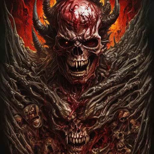 Prompt: Go to Hell, masterpiece, 8k, detailed, cinematic , painting, king evils skull mutilation full body, hand with blood , people from hell, human mutilation,  horn devils full body, horror version devil, by iieartwork