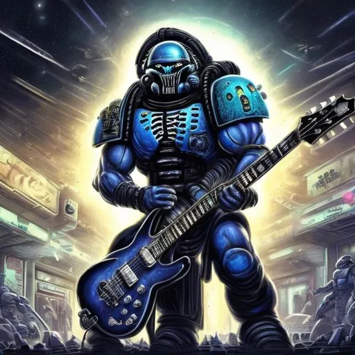 Prompt: Bodybuilding  space marine, playing guitar for tips in a busy alien mall, widescreen, infinity vanishing point, galaxy background