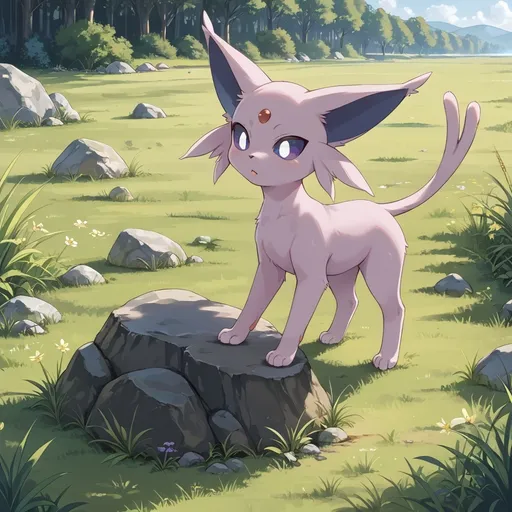 Prompt: espeon standing on a boulder in the grassy field.