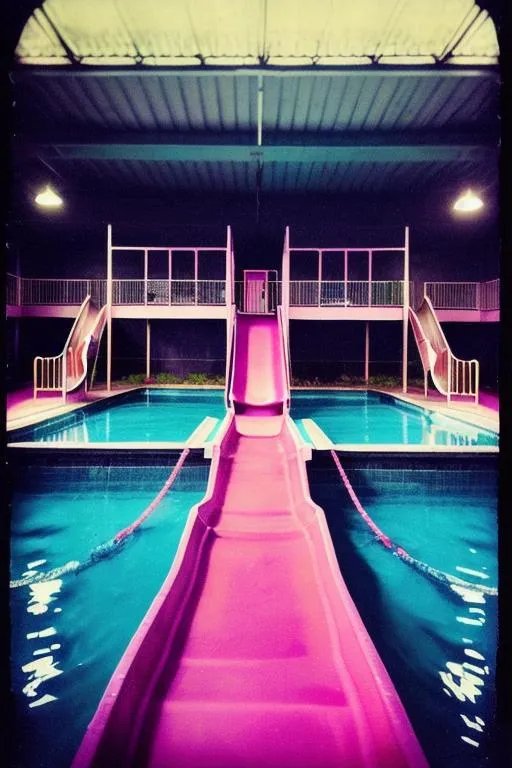 Prompt: Liminal space, eerie, water, waterslide, playground equipment, indoor water park, abandoned, pink, creepy, dark lighting, grainy Polaroid photo, ultra detailed, photorealistic, centered, aesthetic, popular on Etsy, feminine