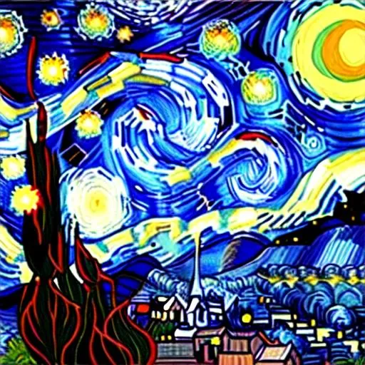 Prompt: The super nova in the style of The Starry Night
Painting by Vincent van Gogh