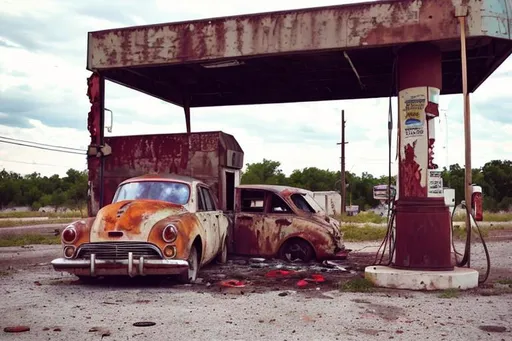 Prompt: old gas station in middle of nowhere; rotting smell; leaked oil with some blood in it; rusting walls broken window; a shadow figure of a human shape creature but with long claws, white scribbles for eyes; torn jacket and shirt with jean shorts; a broke down car that rusty without a wheel; you can smelly it, NIGHTTIME