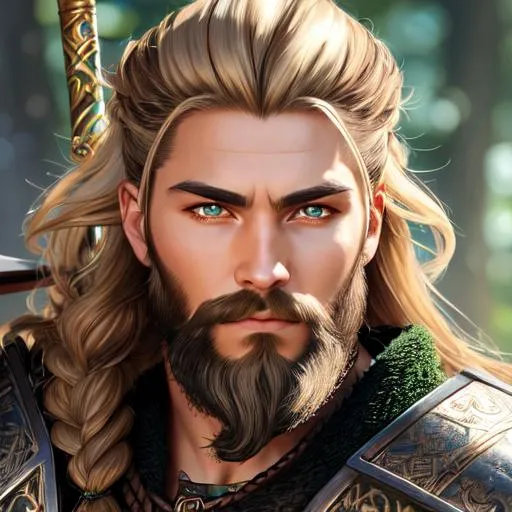 Prompt: oil painting, fantasy, a young human man viking with light hazel hair tied back and neatly trimmed brown beard and green eyes | Warrior wearing Japanese armor wielding a large Spear with both hands , #3238, UHD, hd , 8k eyes, detailed face, big anime dreamy eyes, 8k eyes, intricate details, insanely detailed, masterpiece, cinematic lighting, 8k, complementary colors, golden ratio, octane render, volumetric lighting, unreal 5, artwork, concept art, cover, top model, light on hair colorful glamourous hyperdetailed medieval city background, intricate hyperdetailed breathtaking colorful glamorous scenic view landscape, ultra-fine details, hyper-focused, deep colors, dramatic lighting, ambient lighting god rays, flowers, garden | by sakimi chan, artgerm, wlop, pixiv, tumblr, instagram, deviantart