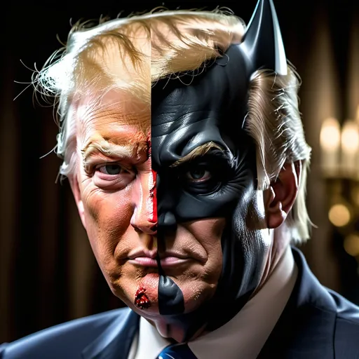 Prompt: president Donald trump as the villain two face from batman