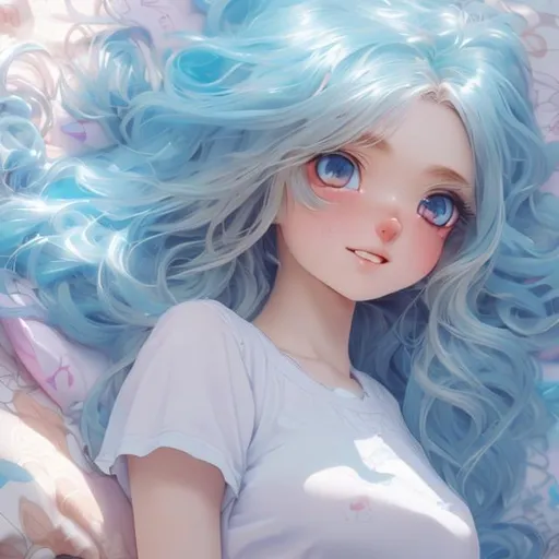 Prompt: "a very beautiful anime cute girl, full body, long wavy blond hair, sky blue eyes, full round face, short smile, fancy top, miniskirt, front view, medium shot, mid-shot, laying in bed, highly detailed, cinematic wallpaper by Stanley Artgerm Lau"