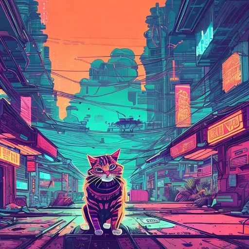 Prompt: Make an illustration of an orange house cat, in the style of the  cyberpunk video game. Tha background should be in the outrun art sytle.