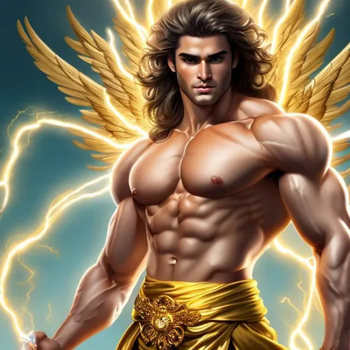 Prompt: hypermasculine  young handsome guy with white lightning hair, golden angel wings, and eyes of fire. Wearing a golden sash, hairy chest, very muscular, very detailed eyes large musculature, and holding golden lightning bolt. In clear and best quality, ((8k)), very detail photo, sharp focus