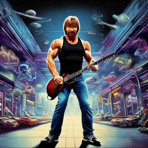 Prompt: Bodybuilding Chuck Norris playing guitar for tips in a busy alien mall, widescreen, infinity vanishing point, galaxy background