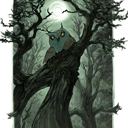 Prompt: Spooky treetops at night with wind blowing the leaves from the trees. Owl in tree. No humans no buildings