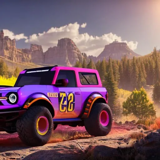 Prompt: A neon blue 2022 ford bronco with monster truck wheels. On the Rocky Mountains during a bright and a vibrant neon orange, purple, pink, red, and yellow coloured sunset.