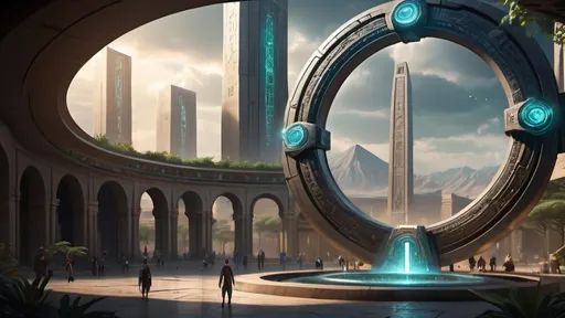 Prompt: magical portal between cities realms worlds kingdoms, circular portal, ring standing on edge, upright ring, freestanding ring, hieroglyphs on ring, complete ring, ancient babylonian architecture, gardens, large wide-open city plaza, turned sideways view, futuristic cyberpunk tech-noir setting