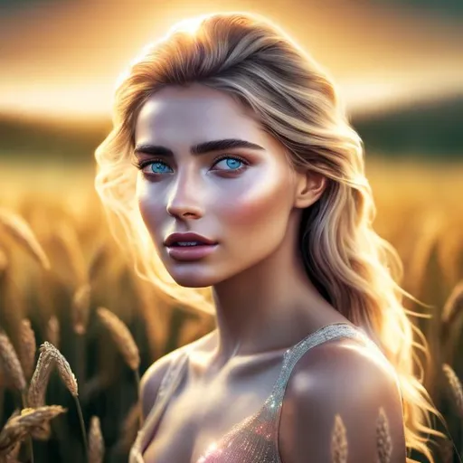 Prompt: HD 4k 3D 8k professional modeling photo hyper realistic beautiful woman ethereal greek goddess of grain, agriculture, harvest, growth, and nourishment
blonde hair hazel eyes gorgeous face tan skin yellow shimmering dress full body surrounded by magical glowing sunlight hd landscape background of enchanting mystical wheatfield