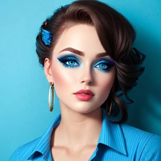 Prompt: A woman all in blue, blue eyes, pretty makeup