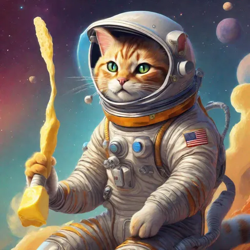 Prompt: Perplexing Stylized concept art of a cat in a space suit holding a stick of butter. Everything is perfectly to scale, HD, UHD, 8k Resolution, Vibrant Colorful Award winning 