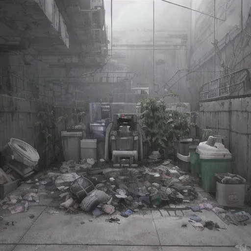 Prompt: trash dump under cyberpunk facility