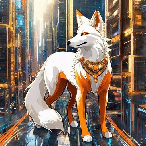 Prompt: (masterpiece, 2D, hyper detailed, epic digital art, professional illustration, fine colored pencil), Adolescent runt ((kitsune)), (canine quadruped), nine-tailed fox, dreamy amber eyes, fuzzy {white-gold} pelt, (golden necklace with brilliant orange gemstone), pointy brown ears, in a large futuristic city, skyscrapers tower above her, the city lights up against twilight, by Anne Stokes, possesses ice, timid, curious, cautious, nervous, alert, expressive bashful gaze, slender, scrawny, fluffy gold mane, {frost} on face, extremely beautiful, dynamic perspective, frost on fur, fur is frosted, sparkling ice crystals in sky, sparkling ice crystals on fur, sparkling rain falling, frost on leaves, dreamy, melodic, highly detailed character, petite body, large ears, full body focus, perfect composition, trending art, 64K, 3D, illustration, professional, studio quality, UHD, HDR, vibrant colors
