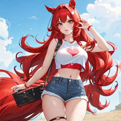 Prompt: Haley as a horse girl with bright red side-swept hair, wearing a crop top and denim shorts barely going past her thigh