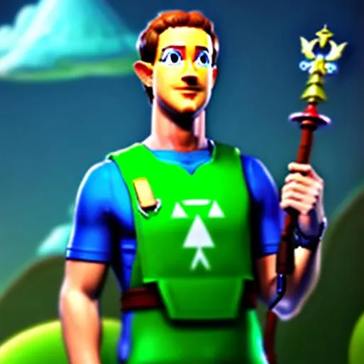 Prompt: Zuckerberg photo realistic portrait of recognizable ((Mark Zuckerberg)) cosplaying as TloZ Link holding a master sword and wearing a green link outfit from The Legend of Zelda: Orcarina of Time (1998) for Nintendo 64