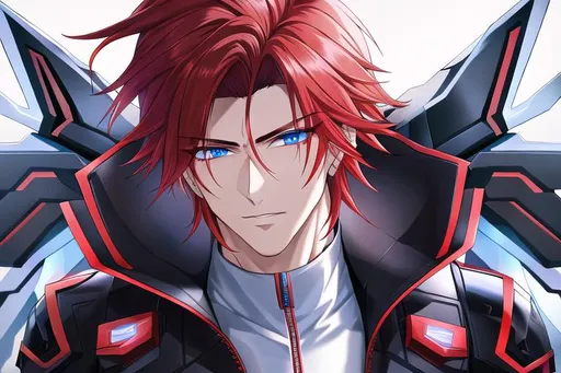 Prompt: Zerif 1male (Red side-swept hair falling between the eyes, sharp and sassy blue eyes), highly detailed face, 8K, Insane detail, best quality, UHD, handsome, flirty, muscular, Highly detailed, insane detail, high quality. cyberpunk