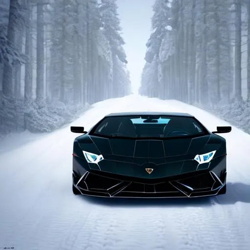 Black Lamborghini in snow in a forest with a light b...