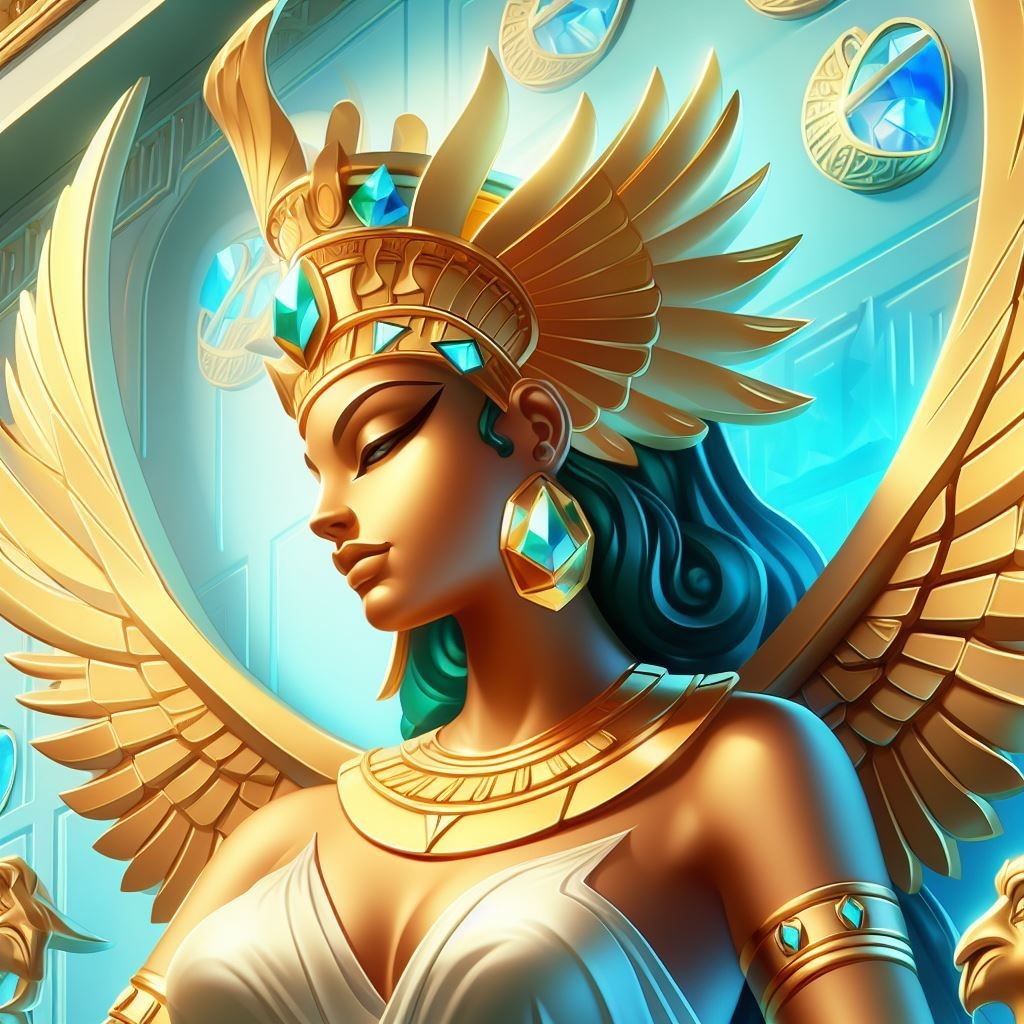 Prompt: a gold statue of the queen egyptians goddess, in the style of 2d game art, vibrant colorism, luxurious wall hangings, dark emerald and sky-blue, heavy shading, kingcore, celebrity and pop culture references