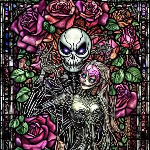 Prompt: Masterpiece, exquisite art:1. 2) , Stained glass, Jack Skellington and Sally, (A Nightmare before Christmas, Tim Burton:1. 2) , very detailed and ornate, glow effects, intricate details, (back lit , gloomy illumination:1. 2) , Halloween , roses, spiderwebs, magical, symbols, Gothic, cartoon