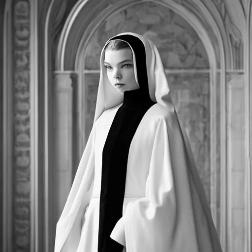 Prompt: monochrome, anya taylor-joy, beautiful, pale, white, tall, skinny, anorexic, nun, black gown, gold details