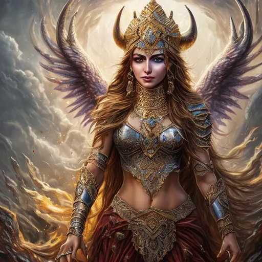 Prompt: High-resolution hyper realistic painting of {iranian cattle goddess} [Drvaspa] , uhd, hdr, 64k, epic scene, crown, upper body, sharp edges, horse armor. long hair. black, child protector, demons fire , wings, demons fire wings
