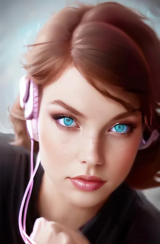 Prompt: Beautiful, princess, dark red haired woman, with sky blue colored eyes, wearing hot pink headphones