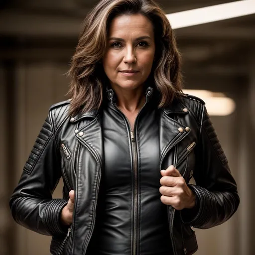 Prompt: middle-aged female smuggler captain leather jacket