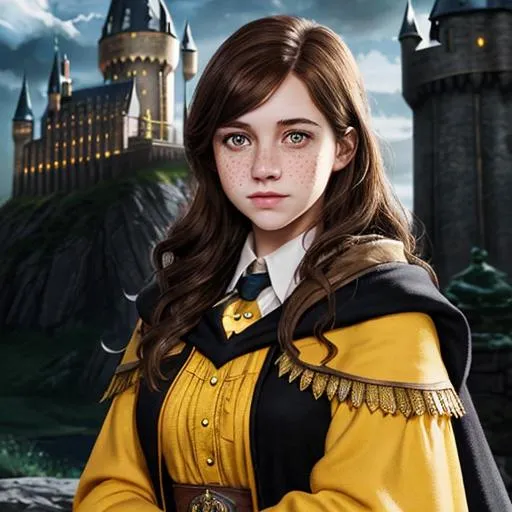 Prompt: Young woman, Hogwarts, Hufflepuff, Brown Hair, dark hair, green eyes, freckles, fantasy castle background, d&d, Smooth, Magic lights, Not smiling, yellow clothes, black cloak, school uniform 