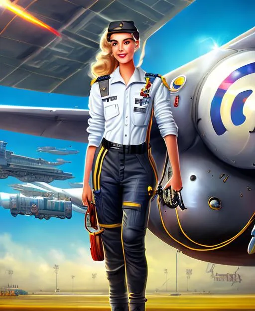 Prompt: A digital portrait of a cute girl dressed as a aircraft mechanic in front of a hangarby guillermo del torro and james whale,heroic art,stunning,vibrant, 8k resolution, Artgerm, dynamic lighting hyperdetailed intricately detailed Splash art trending on Artstation triadic colors volumetric lighting
