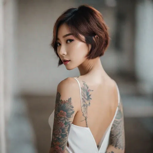 Prompt: Fully body picture of a gorgeous, young Korean model with short, bob-cut hair, light makeup that accentuates her natural beauty, and covered in tattoos from head to toe, who is showing off her bare back as she looks over her shoulder.