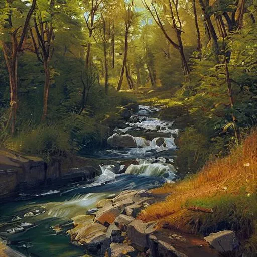 Prompt: A detailed South Dakota landscape with a stream in the style of Peder Mork Monsted