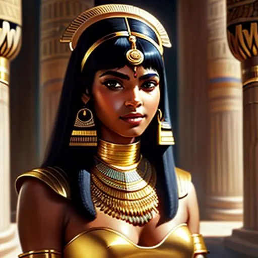 Prompt: Third person, gameplay, cleopatra, tannish skin, black hair, brown eyes, egypt, golden atmosphere, cartoony style, egypt, extremely detailed painting by Greg Rutkowski and by Henry Justice Ford and by Steve Henderson 