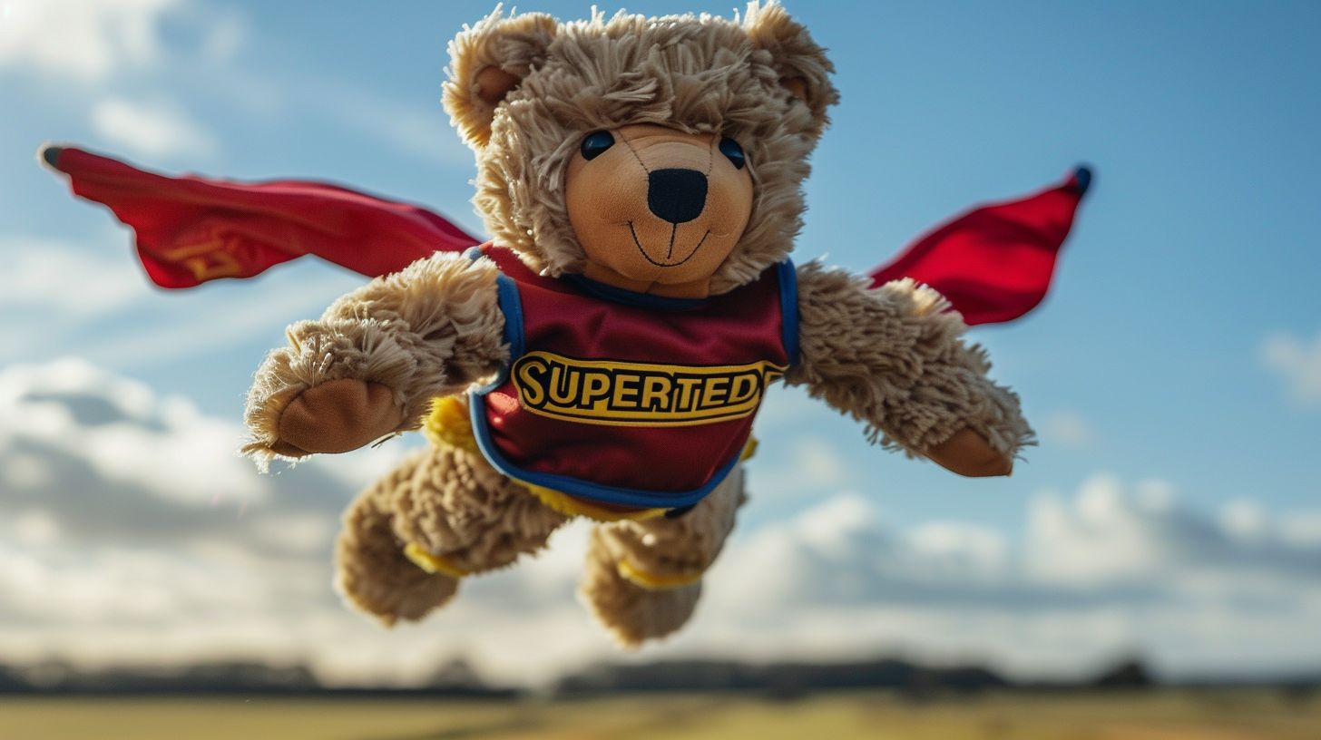 Prompt: superted toy teddy bear flying with the text "SUPERTED" in bold and tilted in a corner