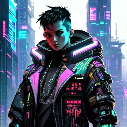 Prompt: cyberpunk , boy , highly detailed , dynamic , concept art , lots of colours , sharp focus , infographic.