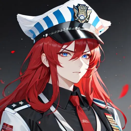 Prompt: Zerif 1male as a police officer (Red side-swept hair covering his right eye)UHD, 8K, Highly detailed, insane detail, best quality, high quality, wearing a police uniform