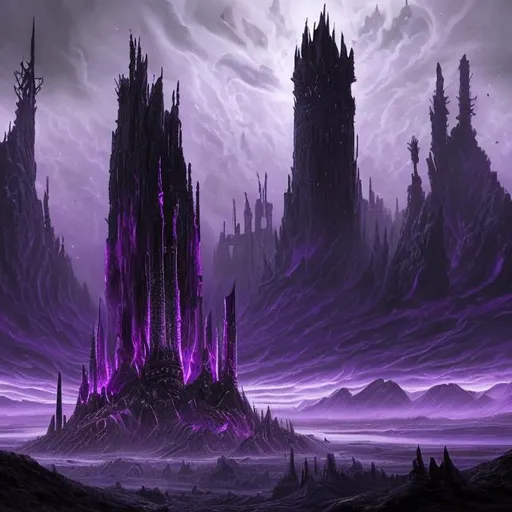 Prompt: An epic and realistic depiction of a massive and very tall black tower standing on a desolate wasteland, with a pillar of purple energy ascending from the tower into a massive black and purple storm emanates from the top of the tower . Massive black stone spires point towards the tower. Many smaller towers surround the main tower. A massive city lies beneath the tower