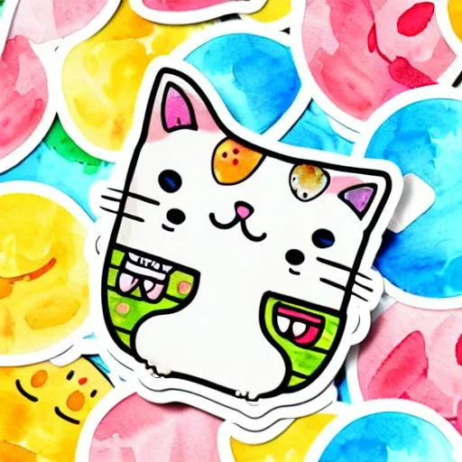 Prompt: Die-cut sticker, Cute kawaii watercolor hungry cat character sticker, white background, illustration minimalism, vector, vibrant colors, summer fun