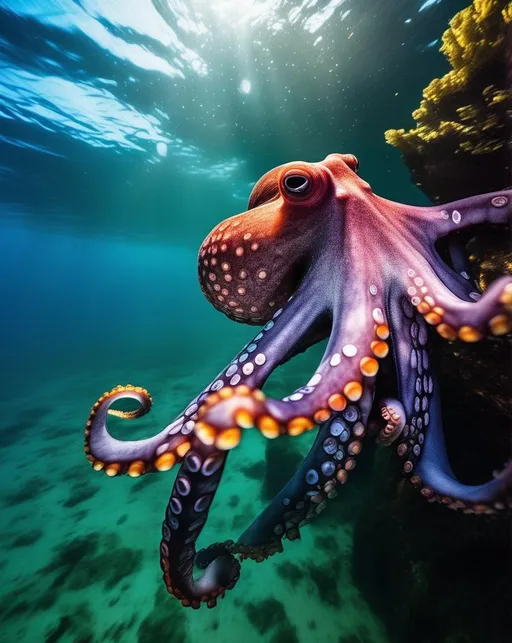 Prompt: In an underwater paradise, capture the mesmerizing scene of a Rainbow shimmering through the water as an Octopus glides gracefully nearby. Use an underwater camera with a wide-angle lens to encapsulate the captivating encounter. Illuminate the scene with underwater lighting to bring out the enchanting colors