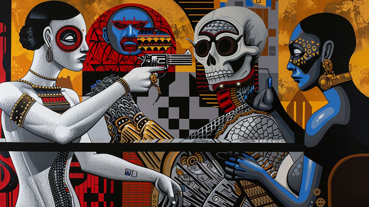 Prompt: Three-dimensional entities manifest in a hybrid style of realism and abstract noir comic art. The scene is filled with strong, dramatic diagonals and vibrant contemporary Chicano motifs. The grid formation is more fragmented, with masterful shading that creates a surreal and twisted visual effect.