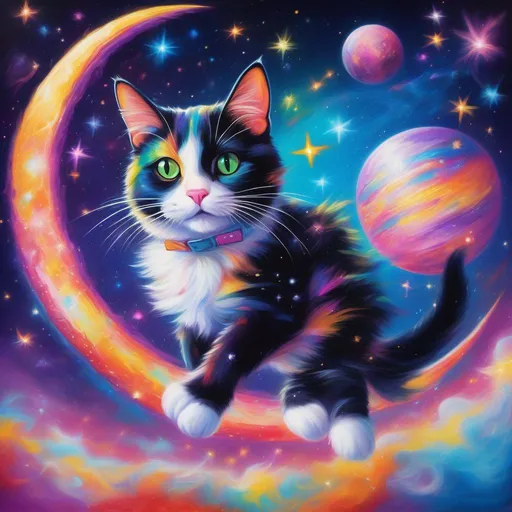 Prompt: a colourful tuxedo cat made of stars and outer space, jumping over the moon in space a photorealistic impressionistic Disney Lisa Frank style.