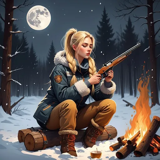 Prompt: Girl 20 long blond ponytail hair,wearing warm jacket from beer  in wood snowing full moon campfire ,wolf,drinking hot coffee, rifle and gun belt, heavy snow falling fire smoking hard eating meat from fire