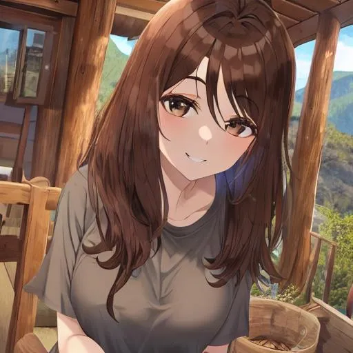 Prompt: brown hair, earthy brown eyes, tshirt, blue jeans, hot as hell, toothy smile, earthy aura, female, messy hair, mountainous attitude, outdoors smart, adventurous, 