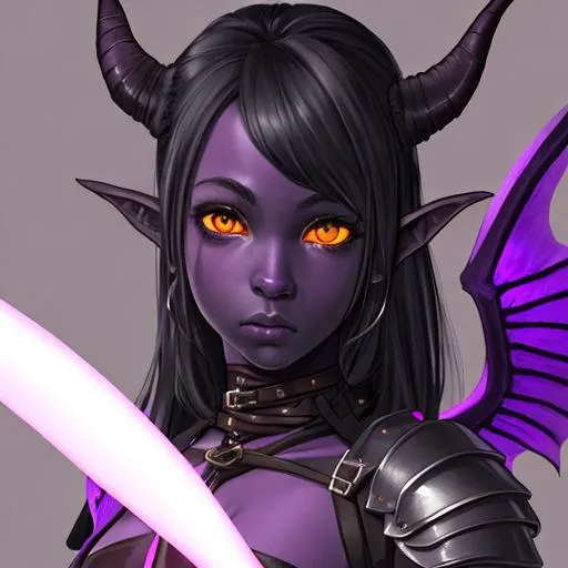 Prompt: Portrait of a beautiful, innocent, young, adolescent tiefling girl, very dark gray skin, fiery eyes, folded bat wings, tattered leather armor, light purple glowing daggers