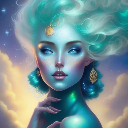 Prompt: A very beautiful woman with hair made of glowing blue cyan clouds illuminated by the moonlight, freckles shaped as Jade stars, artistic makeup with a metallic iridescent pallette, golden eyes color art by Tom Bagshaw, artgerm, ilya kuvshinov,  Huang Guangjian, Josephine Wall, WLOP, art by Laura Hollingsworth, Andrew Atroshenko, 4k, pretty visuals, aesthetic, artstation, unreal engine, shadow effect, insanely detailed and intricate, highly detailed, shooting stars, iridescent effect to the white clouds.