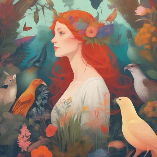 Prompt: A profile beautiful and colourful picture of Persephone surrounded by plants and animals