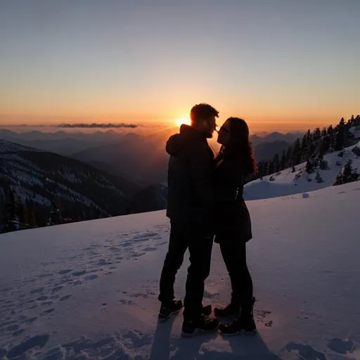 Prompt: couple facing sunset on mountains, silhouette, beauty