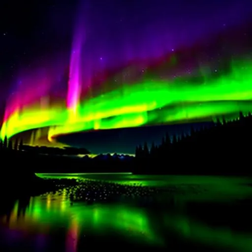 Prompt: Alaskan wilderness mid spring
(Lots of wildlife) stary night sky, Northern lights